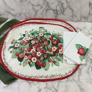 Vintage 90s Handmade Strawberry Placemats Napkins Set of 2 Fruit Red Green